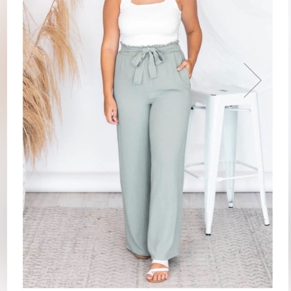 Pink Lily Epiphany Moment Sage Green Paper Bag Wide Leg Trouser Pants Size Small - Picture 1 of 11